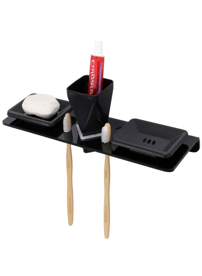 آي ستار رف حمام متعدد الاستخدامات 4 في 1 من الأكريليك من iSTAR، يُثبت على الحائط - حامل أكواب، وحاملان لفرش الأسنان، وحاملان للصابون | إكسسوارات حمام متينة - حامل معجون أسنان لحوض المطبخ (أسود) - Image 3